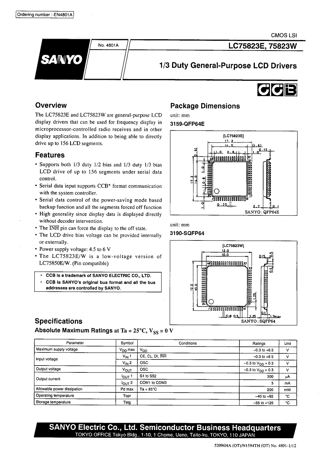 SANYO LC75823W, LC75823E Datasheet