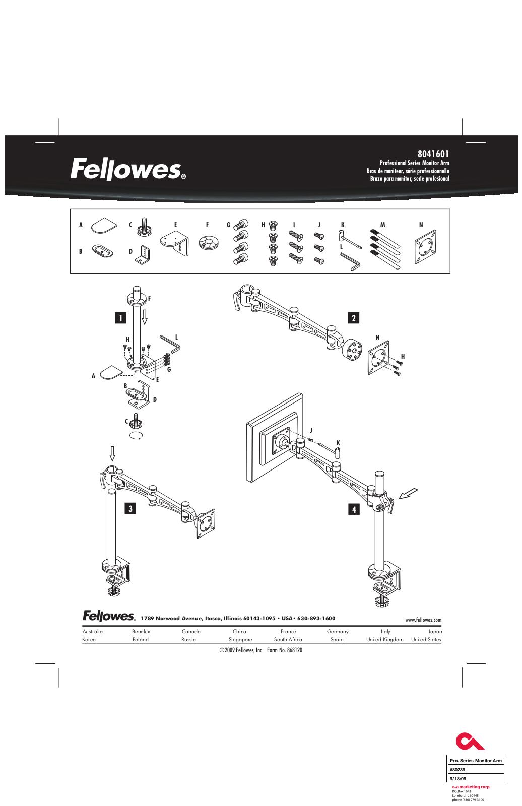 Fellowes Professional   Depth Adjustable Monitor Arm User Manual