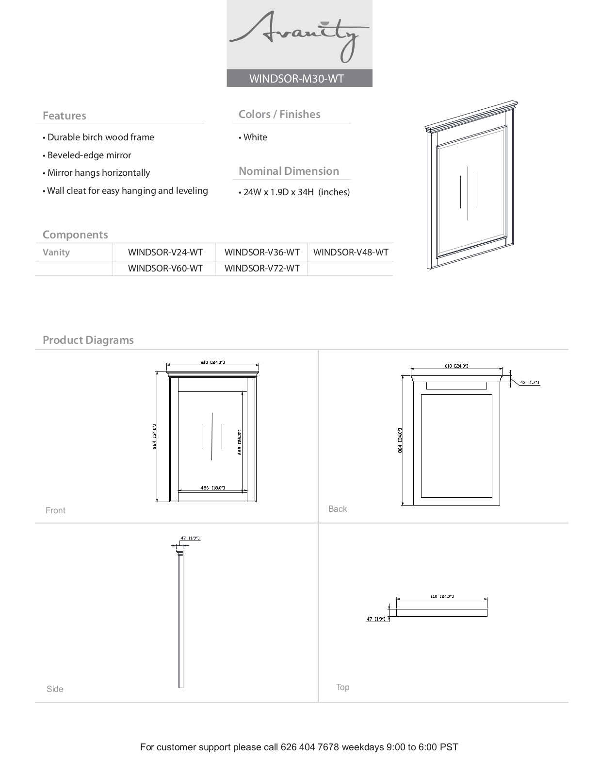 Avanity WINDSORM24WT Specifications