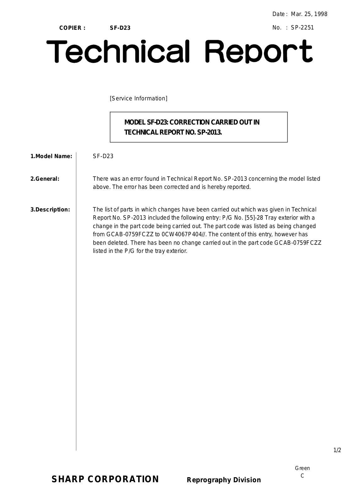 SHARP sp2251 Technical Report