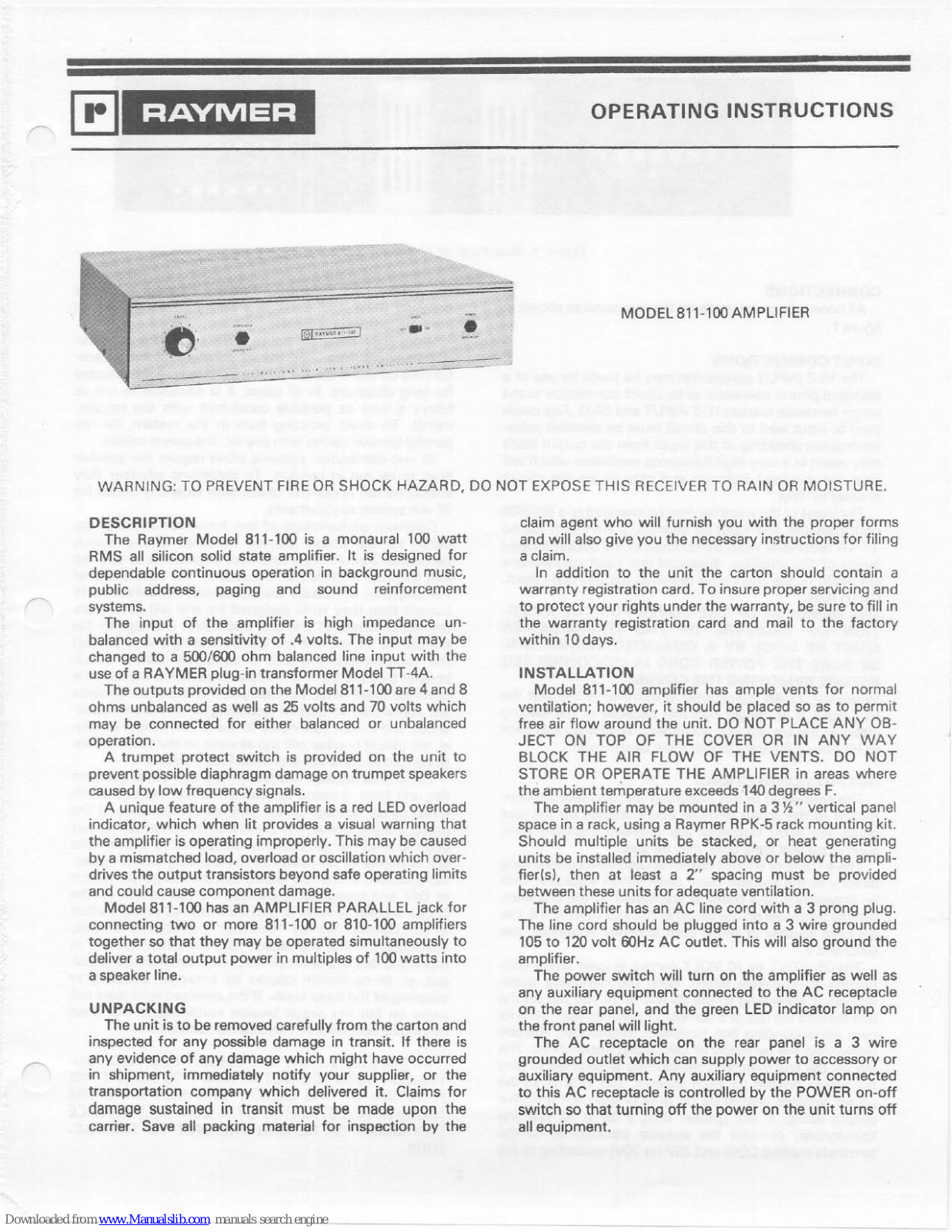 Raymer Amplifier 811-100 Operating Instructions Manual