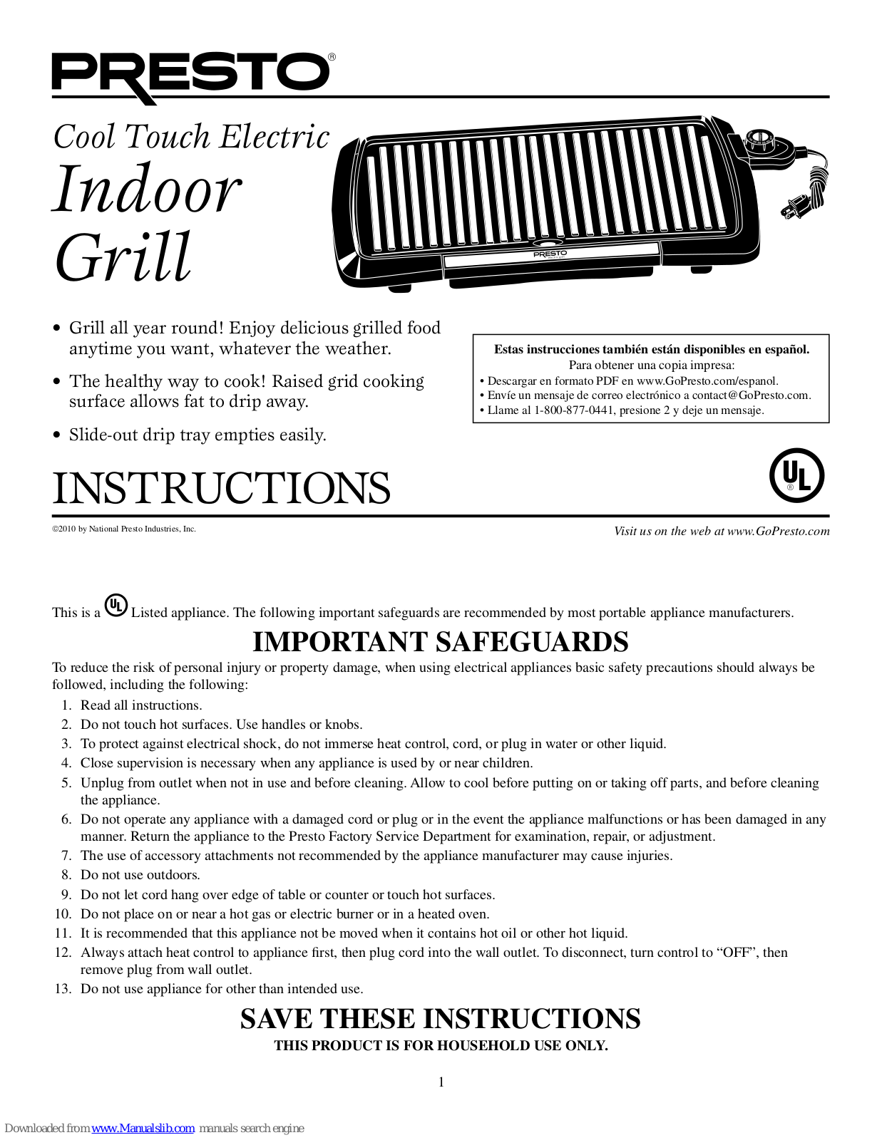 Presto Cool Touch Electric Indoor Grill Instructions Manual