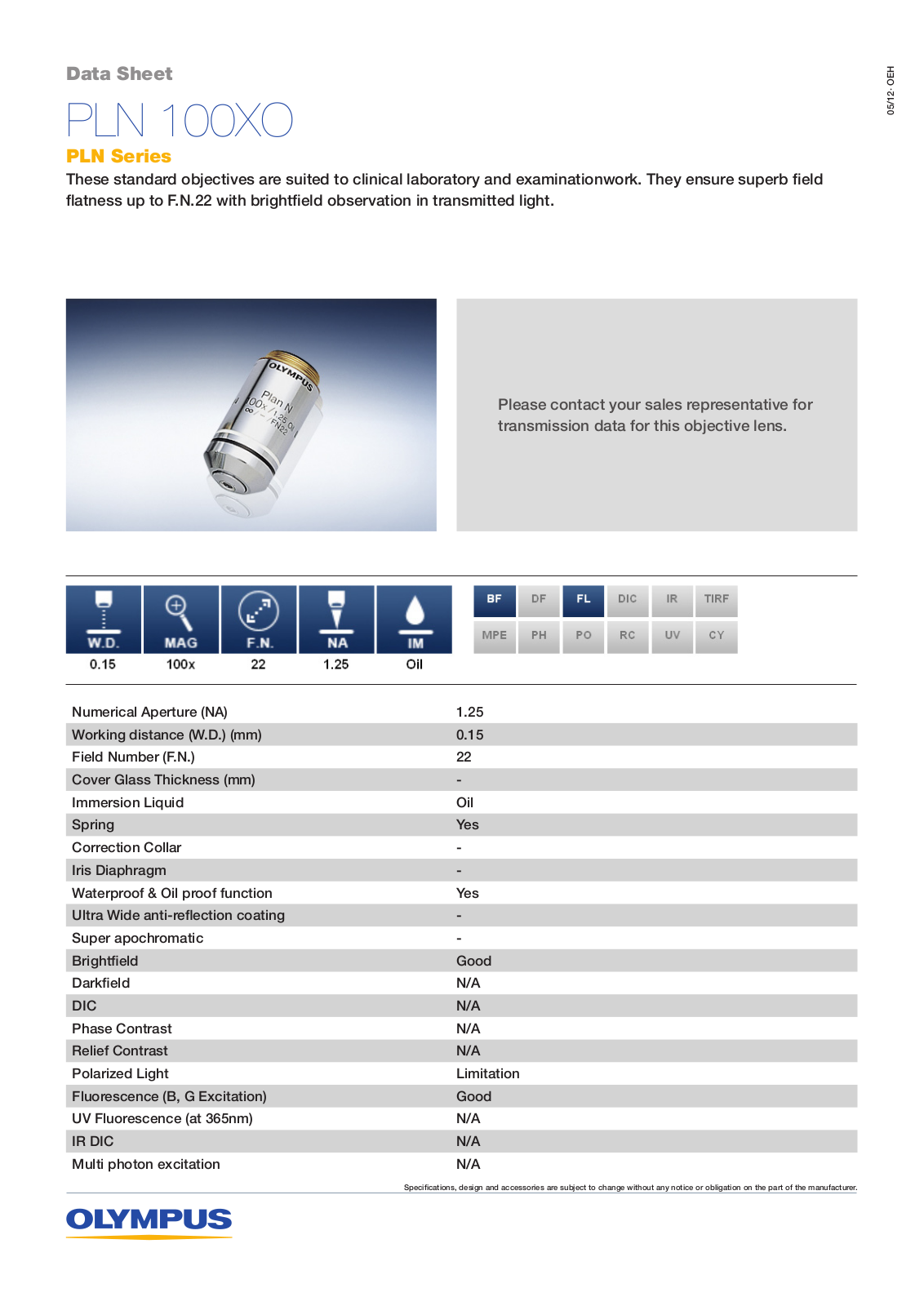 Olympus PLN 100XO Data sheet - ManualMachine.com