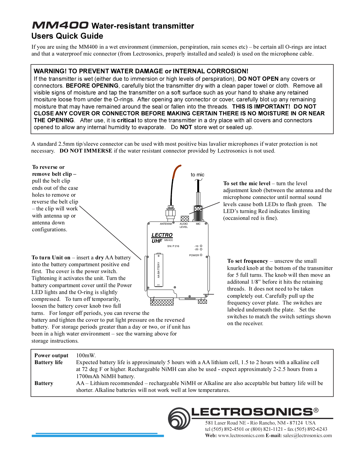 Lectrosonics MM400a User Manual