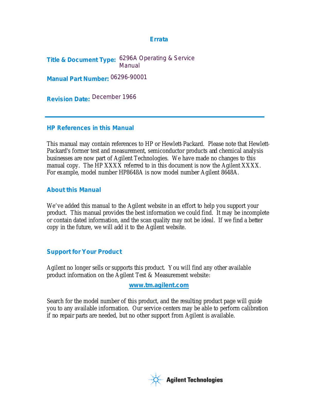 Agilent Technologies 06-296-90001 User Manual