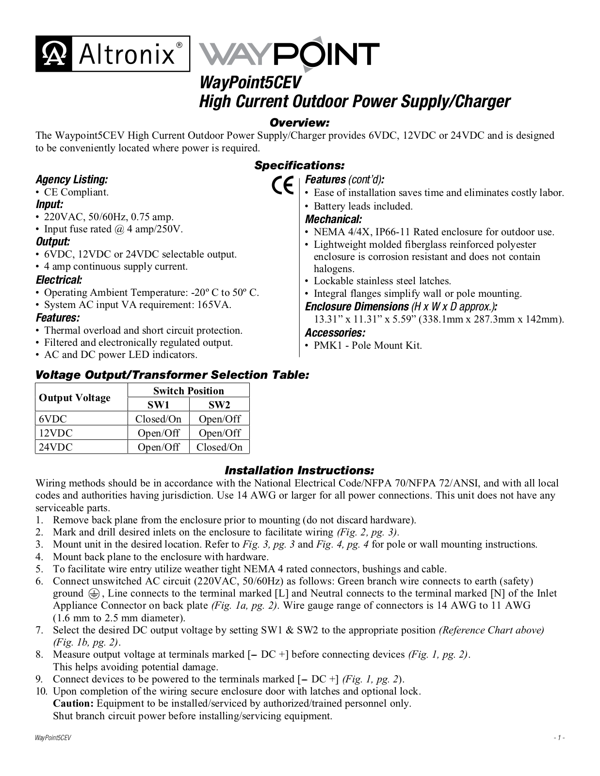 Altronix WAYPOINT5CEV Installation Guide