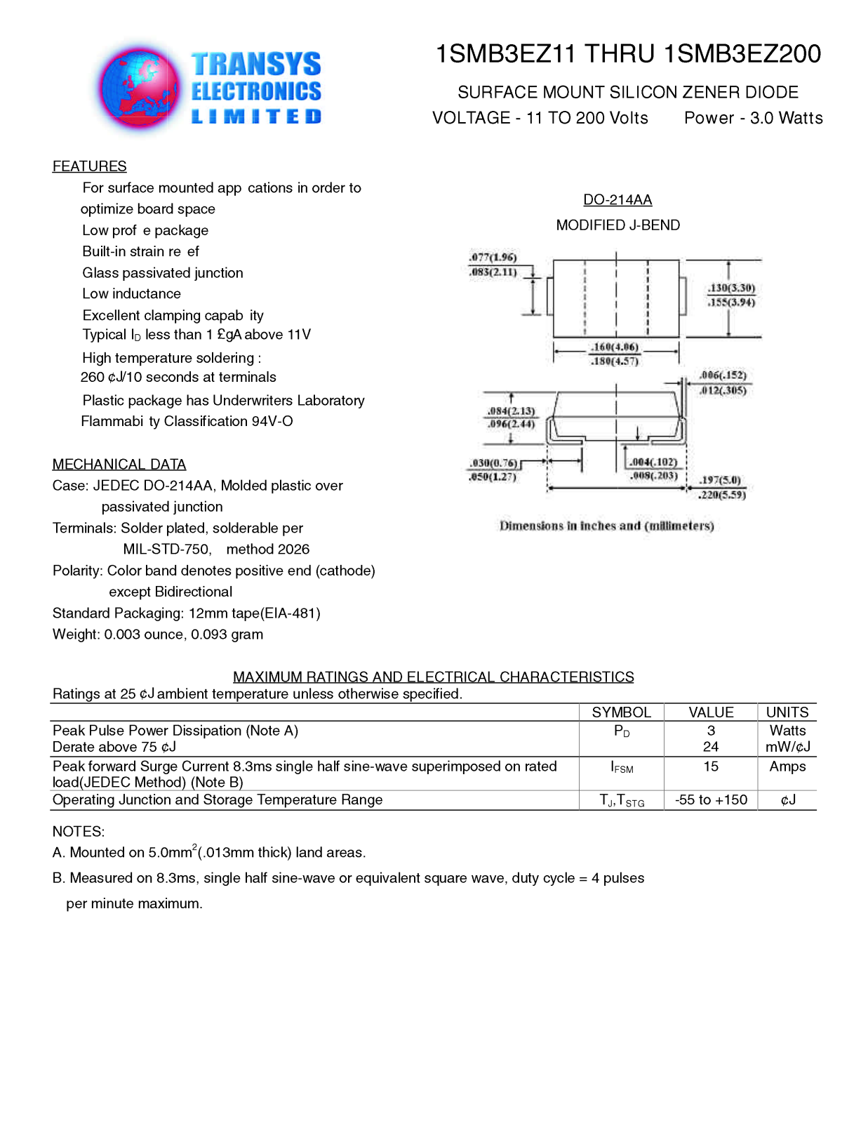 TRANSYS 1SMB3EZ91, 1SMB3EZ82, 1SMB3EZ75, 1SMB3EZ68, 1SMB3EZ62 Datasheet