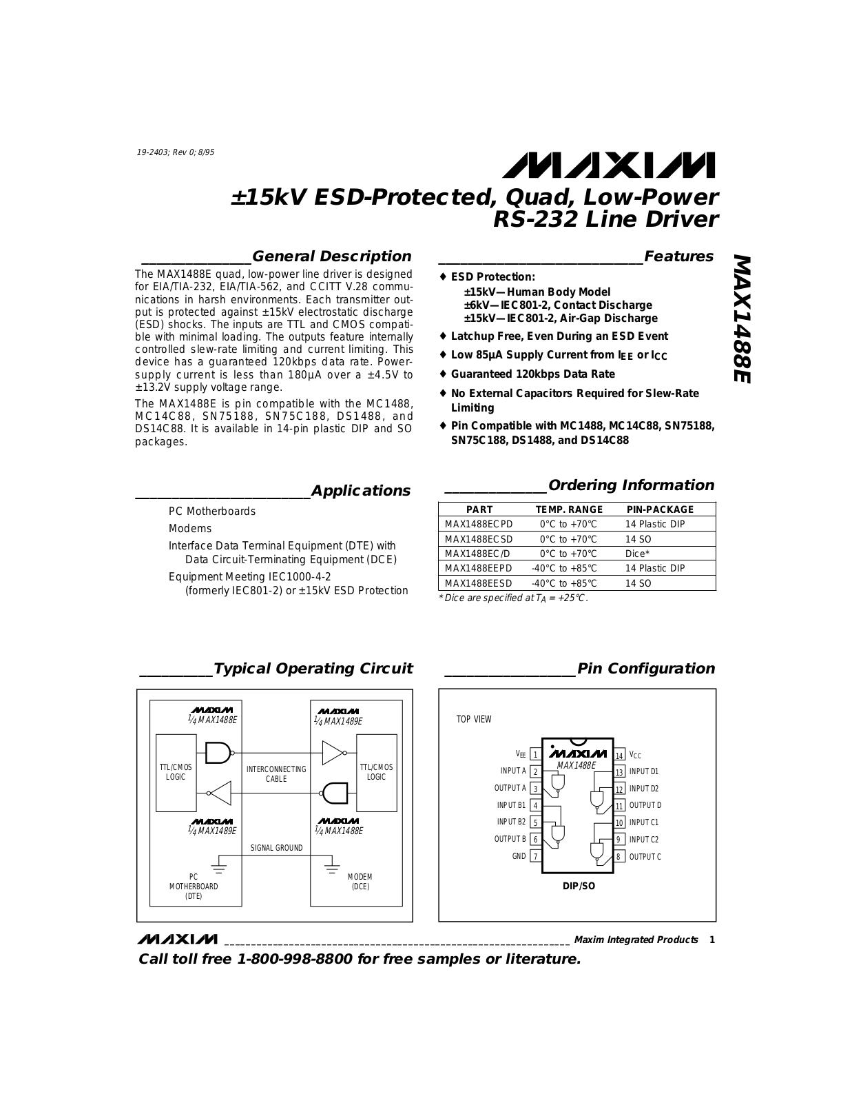 Maxim MAX1488ECPD, MAX1488EC-D, MAX1488EESD, MAX1488EEPD, MAX1488ECSD Datasheet