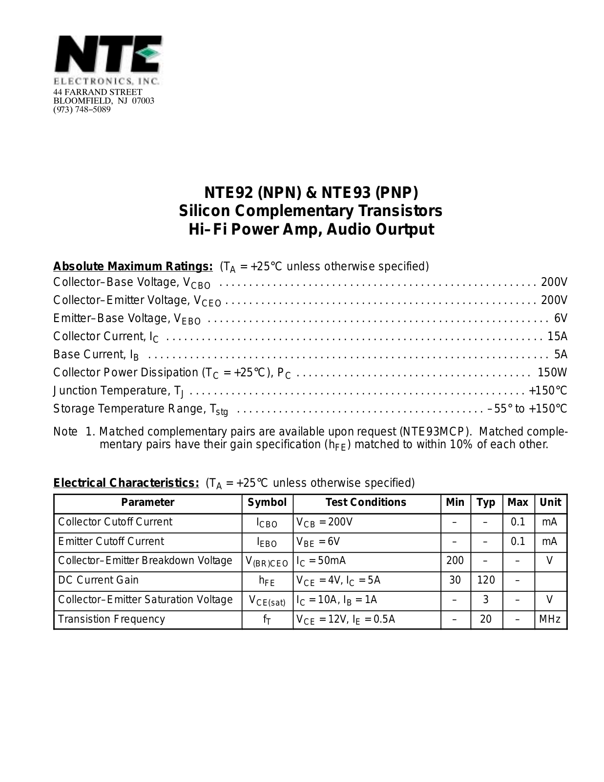 Datasheet NTE93, NTE92 Datasheet (NTE) - ManualMachine.com