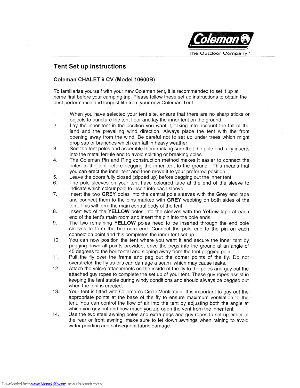 Coleman CHALET 9 CV 10600B Setup Instructions