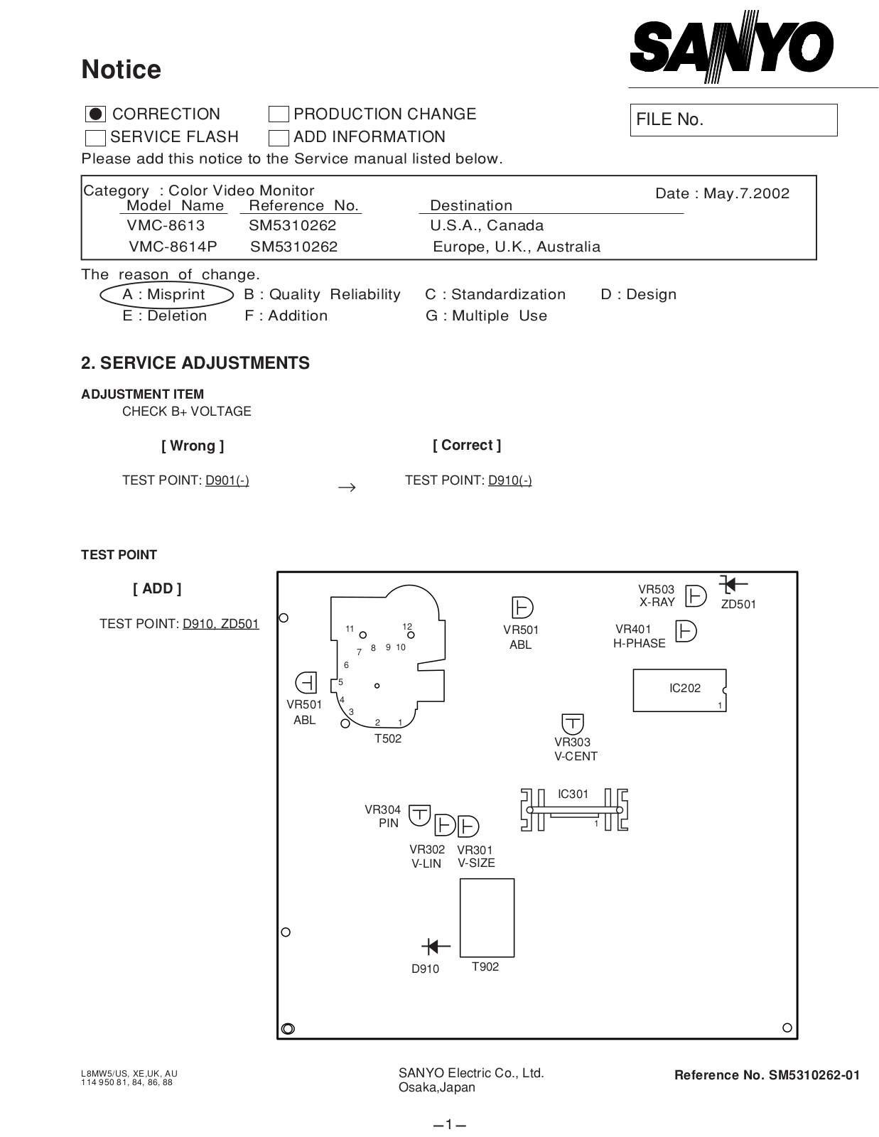 Sanyo VMC-8614P Service Manual