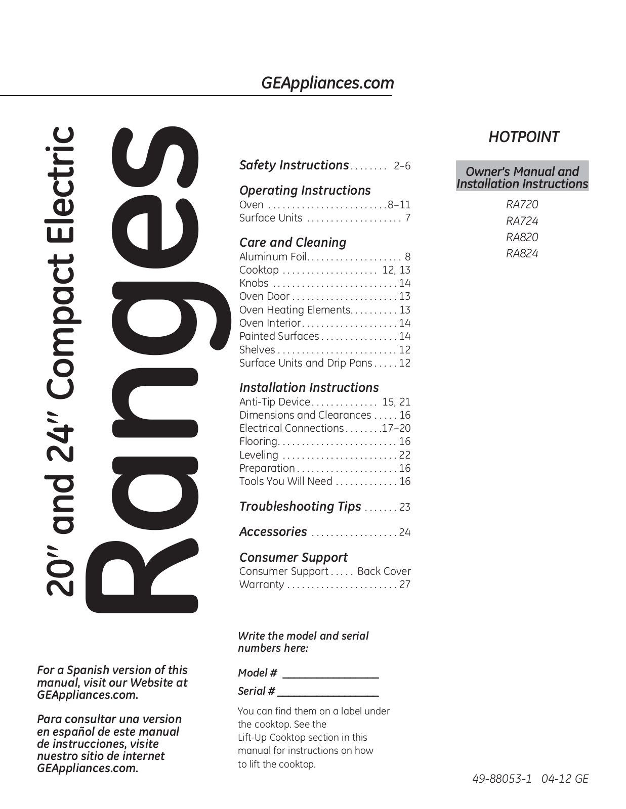 Hotpoint RB758DPBB, RB758DPWW, RA720KWH, RGB790SERSA Owner's Manual