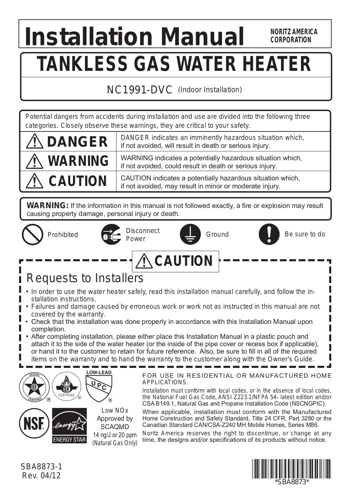 Noritz NC1991-DVC Installation  Manual