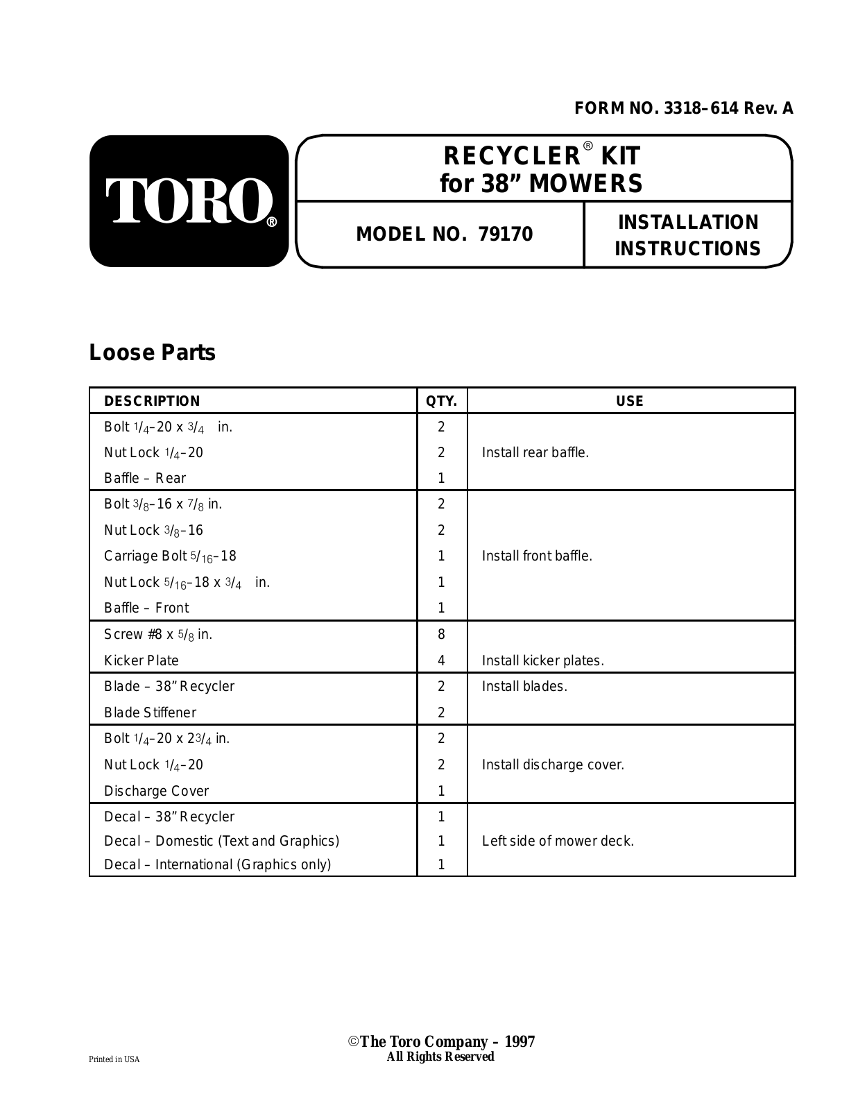 Toro 79170 Installation Instructions