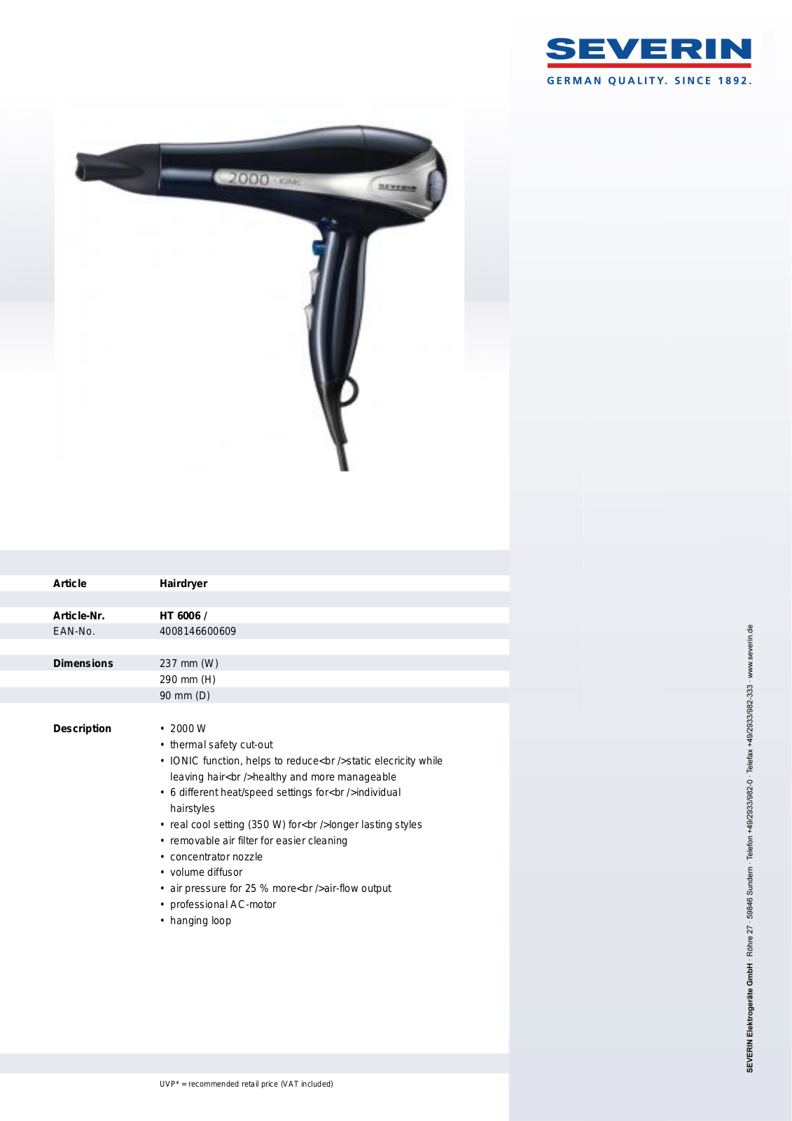 Severin HT 6006, HAIRDRYER User Manual