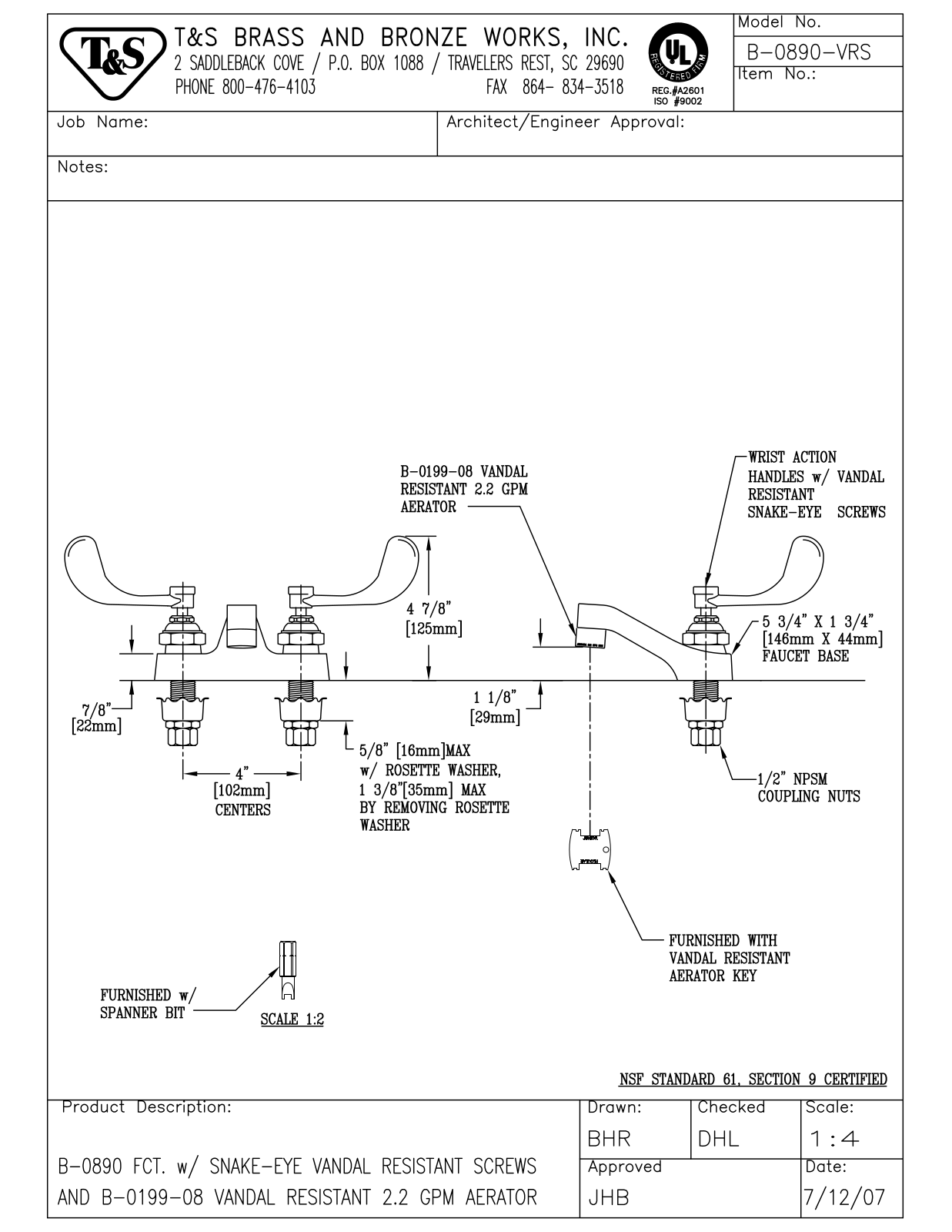 T & S Brass & Bronze Works B-0890-VRS General Manual