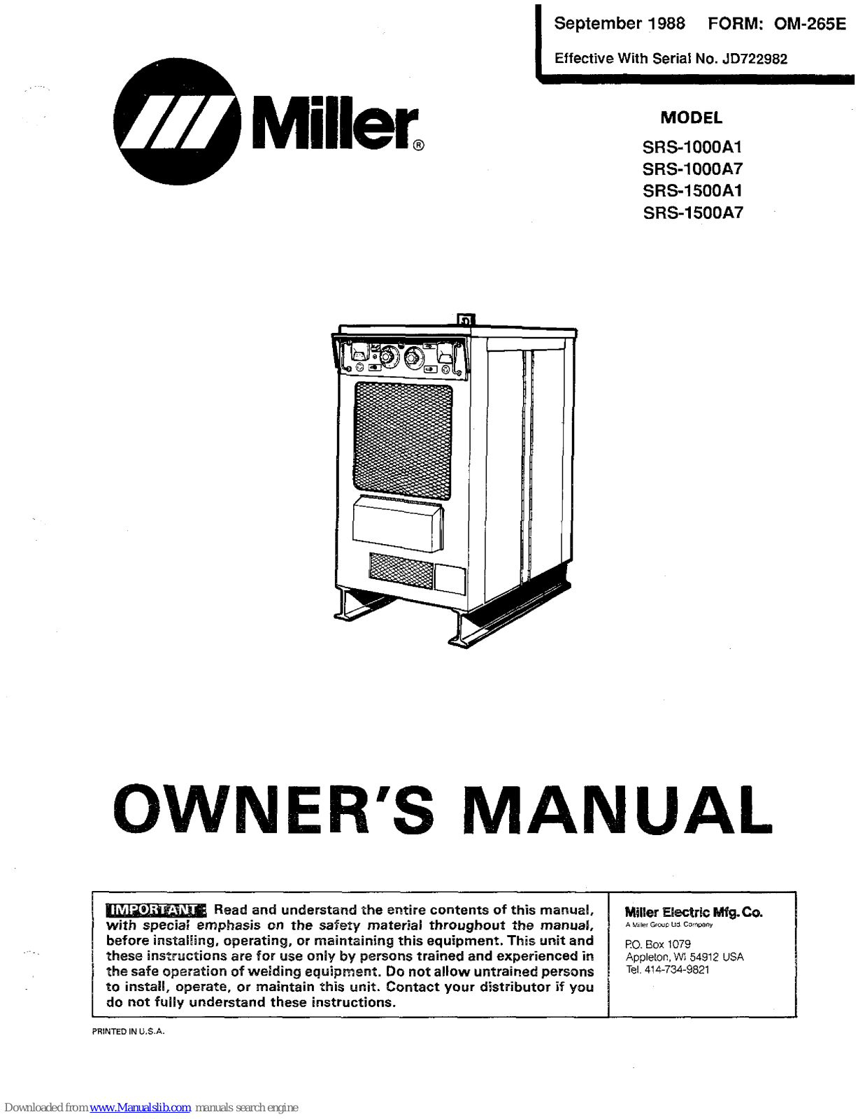 Miller Electric SRS-1000A1, SRS-1500A1, SRS-1500A7, SRS-1000A7 Owner's Manual