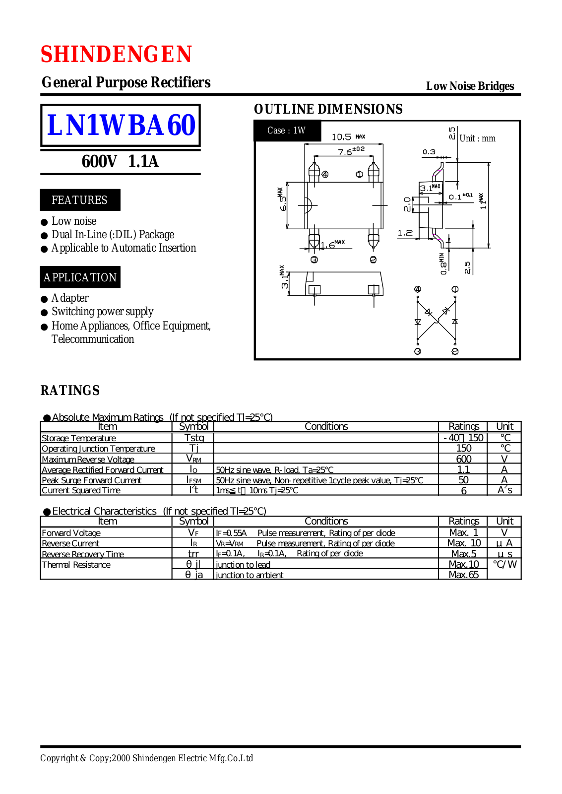 Shindengen Electric Manufacturing Company Ltd LN1WBA60 Datasheet