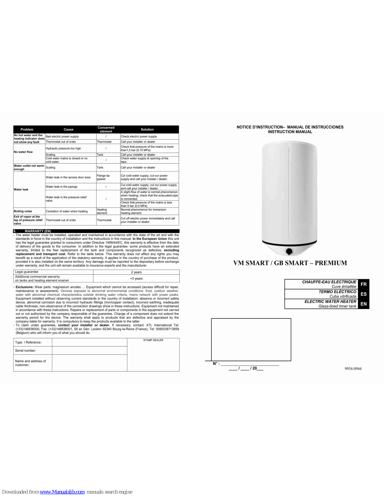 Thermor VM75, GB Smart 75, GB Smart 100, VM150, GB Smart 150 Instruction Manual