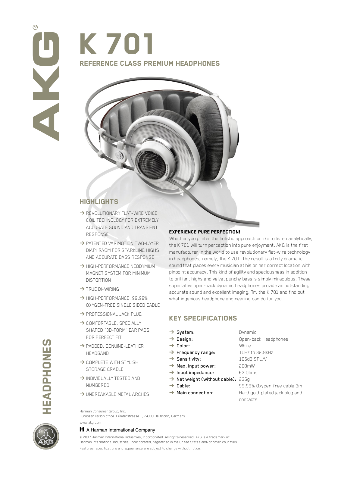 AKG Acoustics K 701 USER INSTRUCTIONS