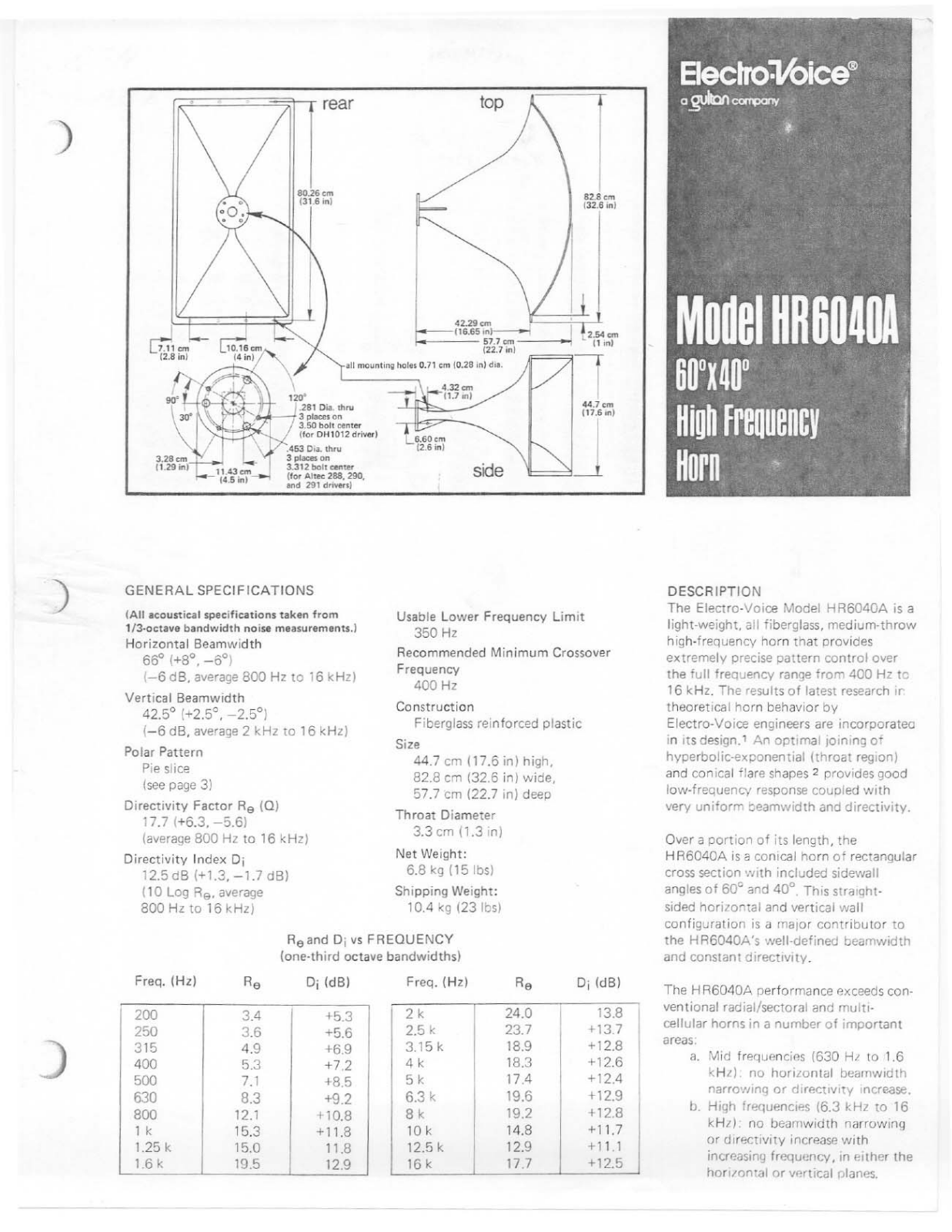 Electro-voice HR6040A DATASHEET