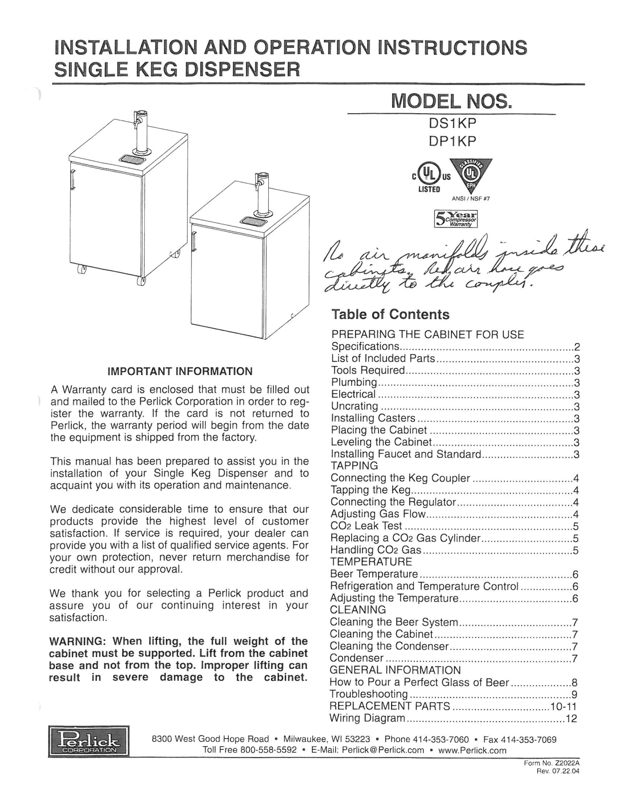 Perlick DS1KP Operators Manual