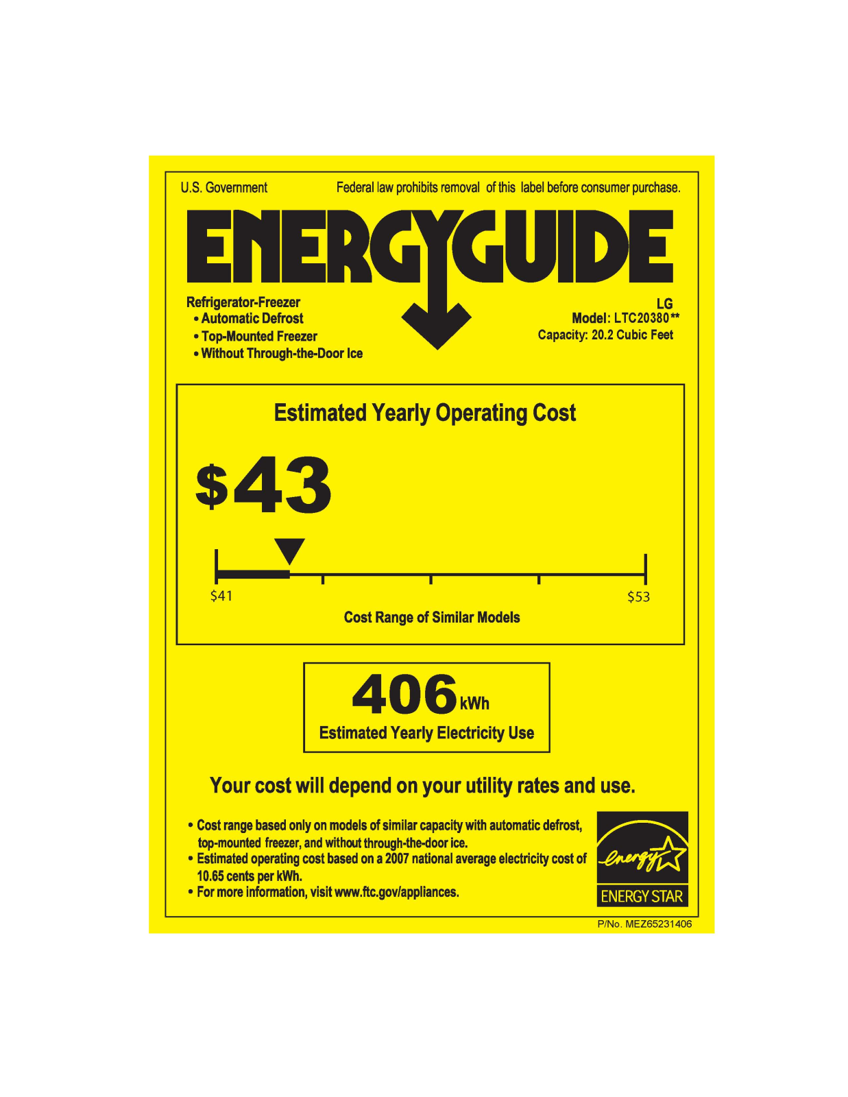 LG LTC20380SW, LTC20380ST, LTC20380SB Energy Guide