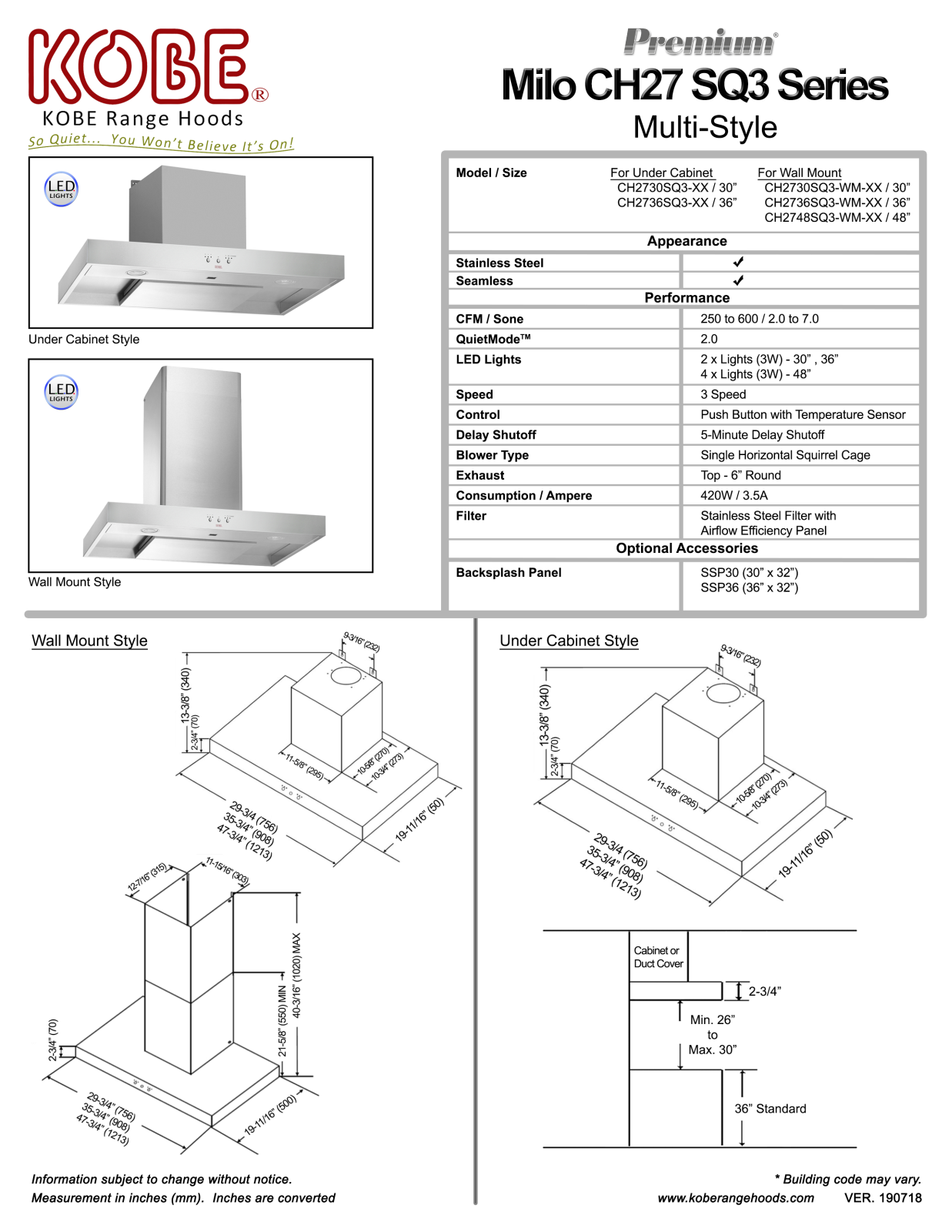 Kobe CH2730SQ3WMXX, CH2748SQ3WMXX, CH2730SQ3XX, CH2736SQ3WMXX, CH2736SQ3XX PRODUCT SPECIFICATIONS