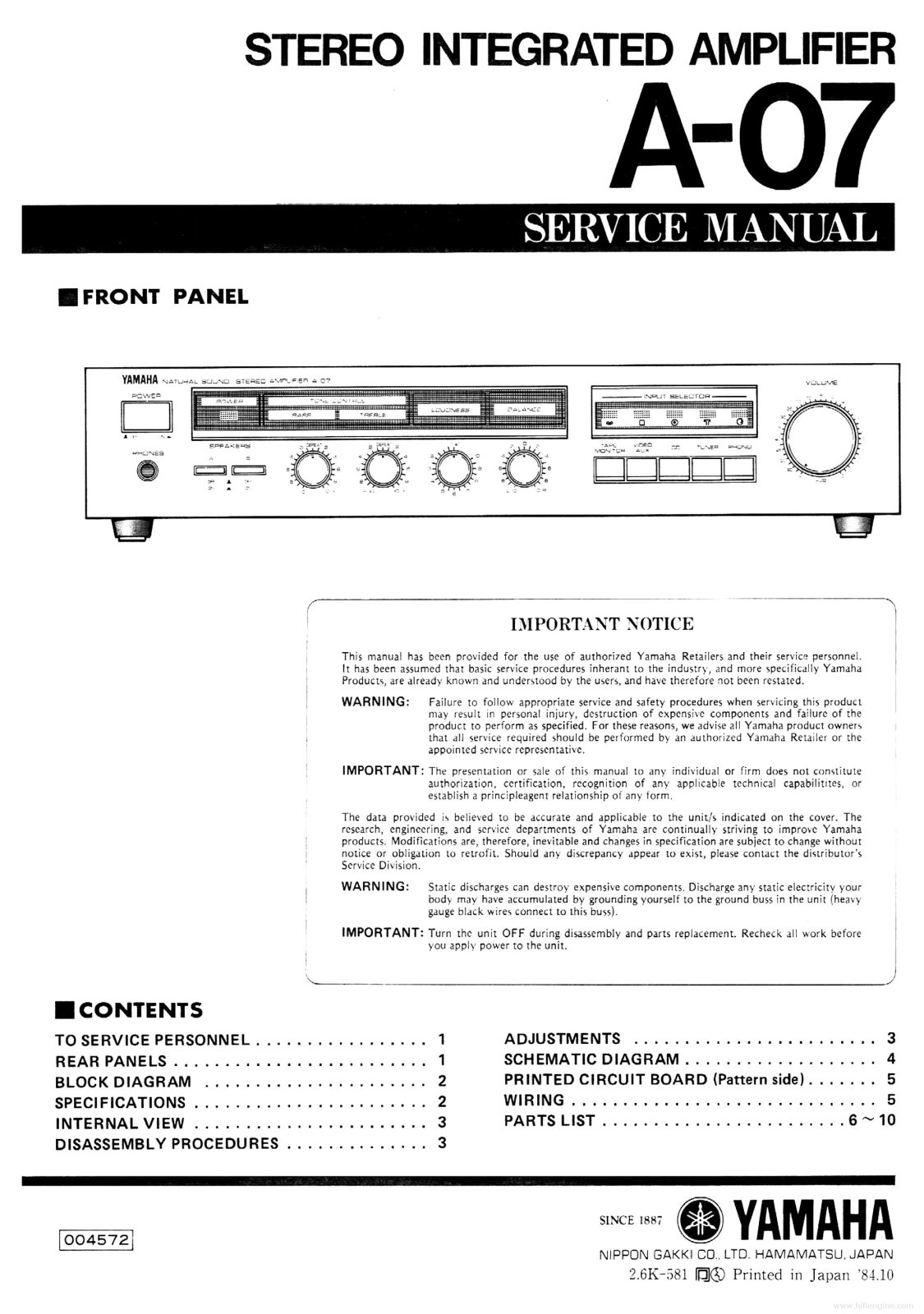 Yamaha A-07 User Manual