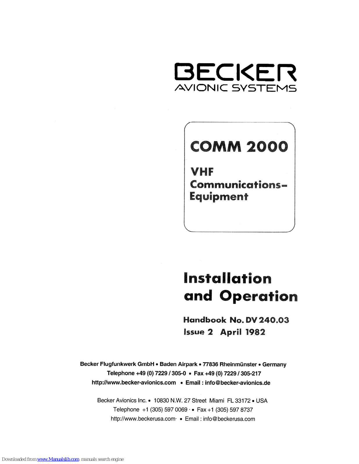 Becker COMM 2000 Installation And Operation Manual