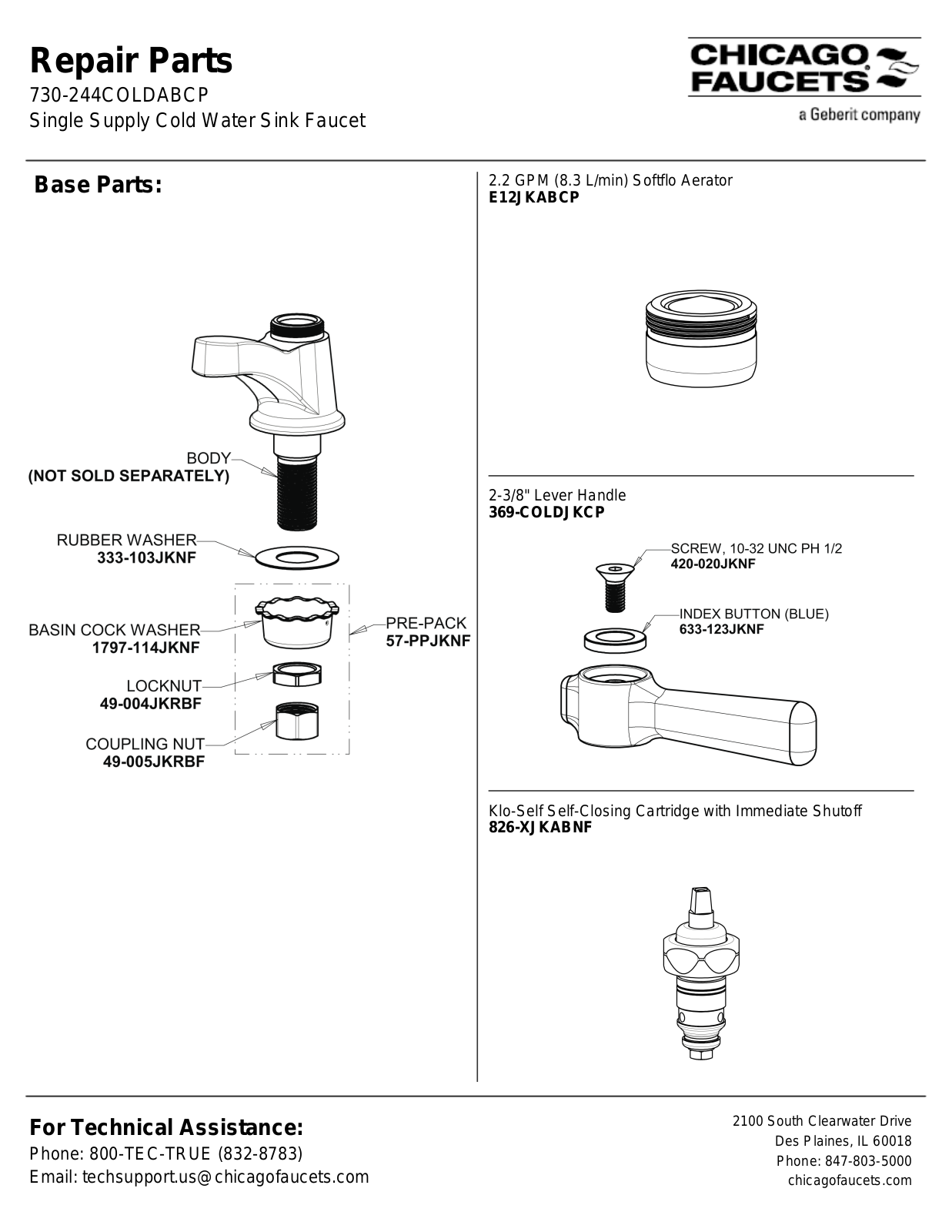 Chicago Faucet 730-244COLDAB Parts List