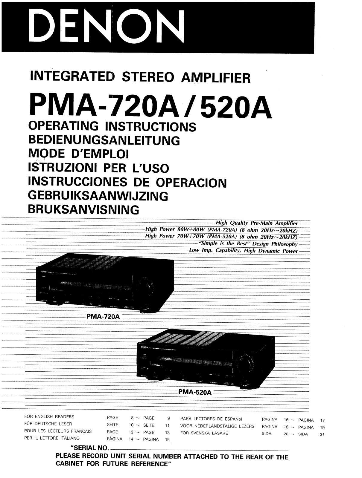 Denon PMA-520A, PMA-720A Owner's Manual