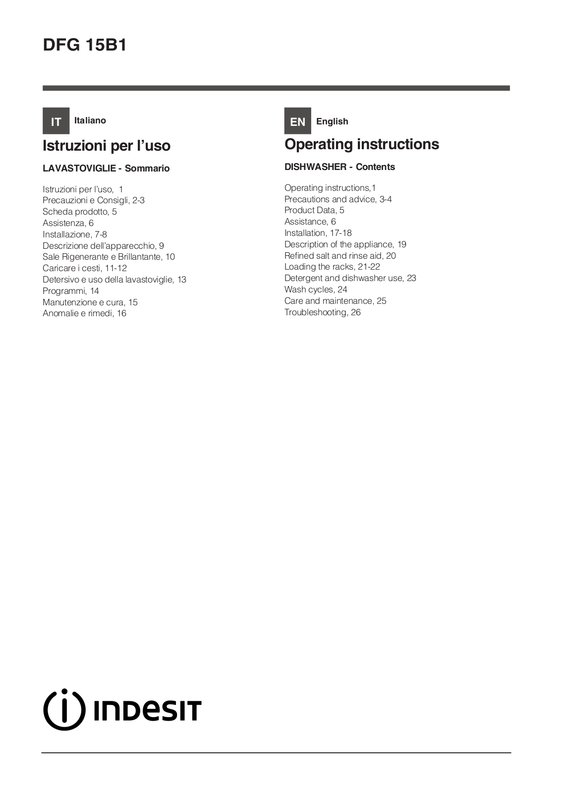 INDESIT DFG 15B1 IT User Manual