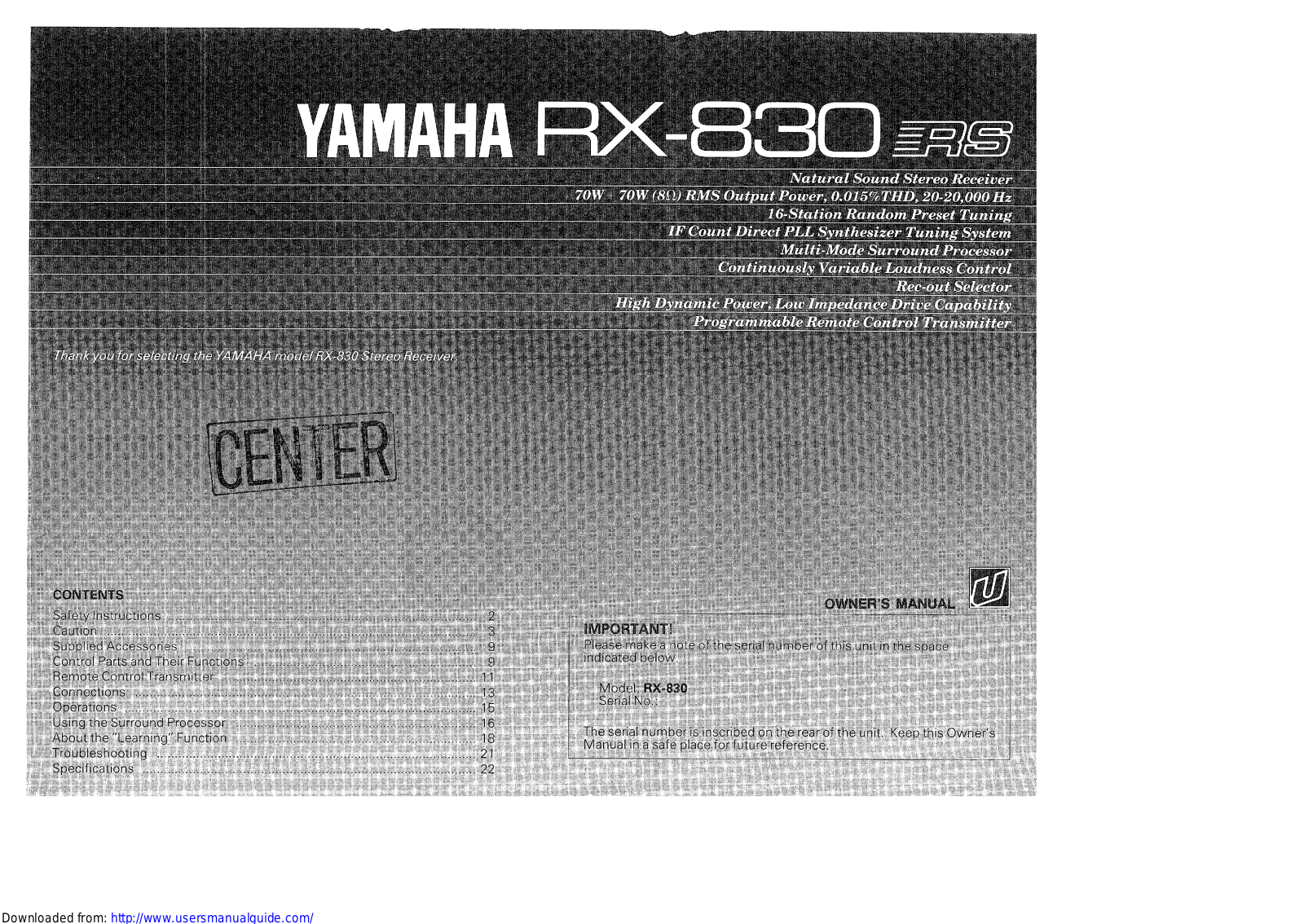 Yamaha Audio RX-830 User Manual