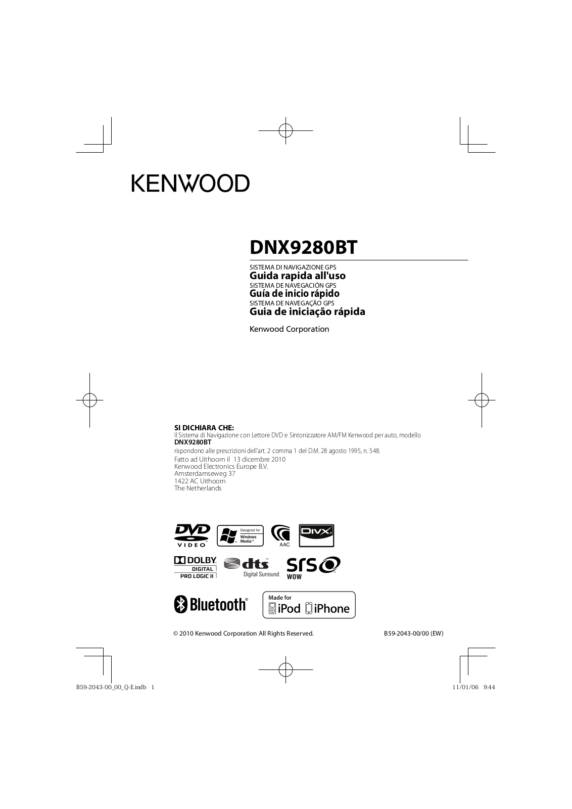 Kenwood DNX 9280 BT User Manual