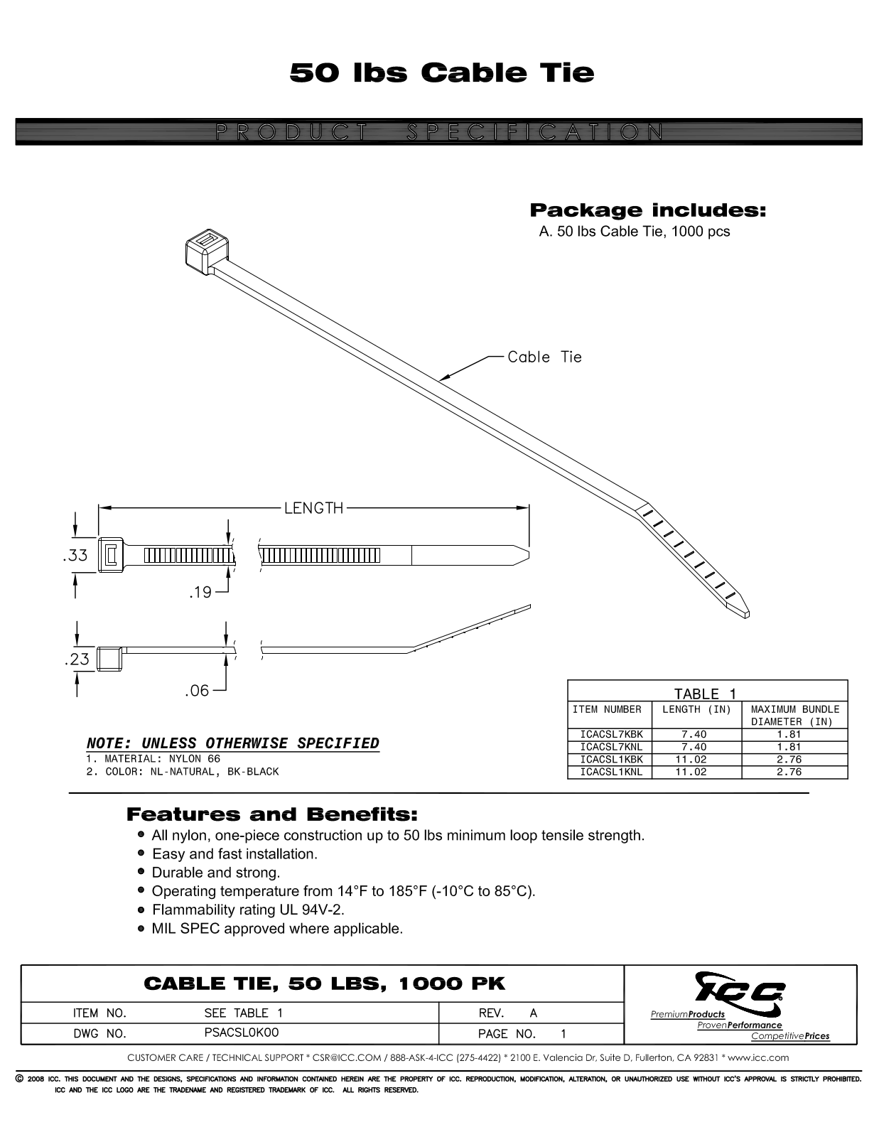 ICC ICACSL1KBK, ICACSL1KNL, ICACSL7KBK, ICACSL7KNL Specsheet