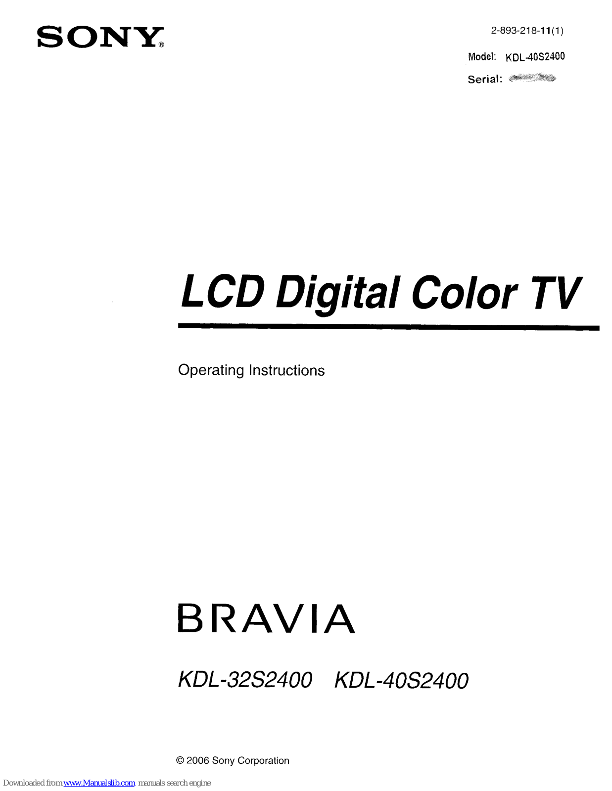 Sony KDL-32S2400 Bravia, KDL-40S2400 Bravia Operating Instructions Manual