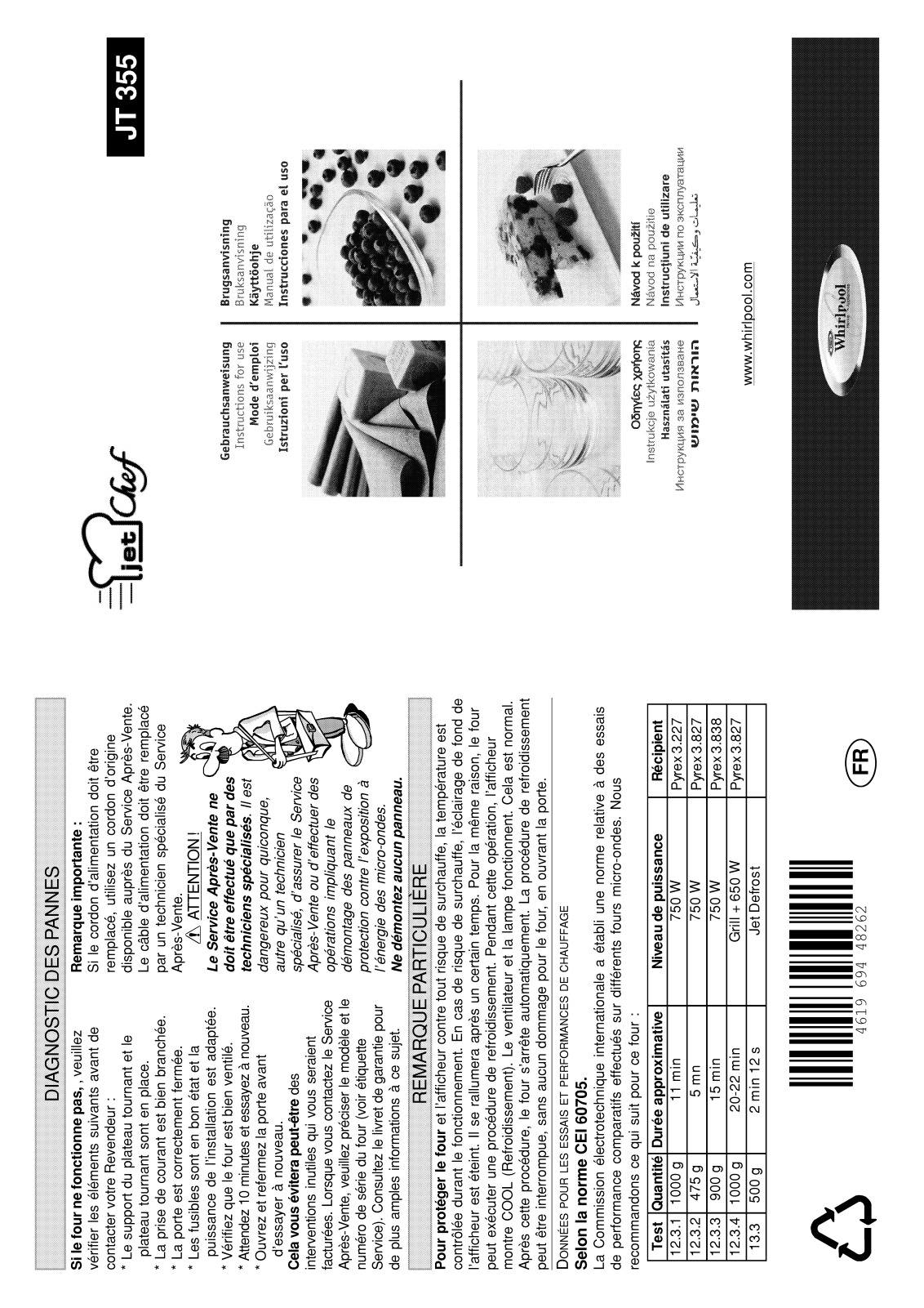 WHIRLPOOL JT355WH User Manual