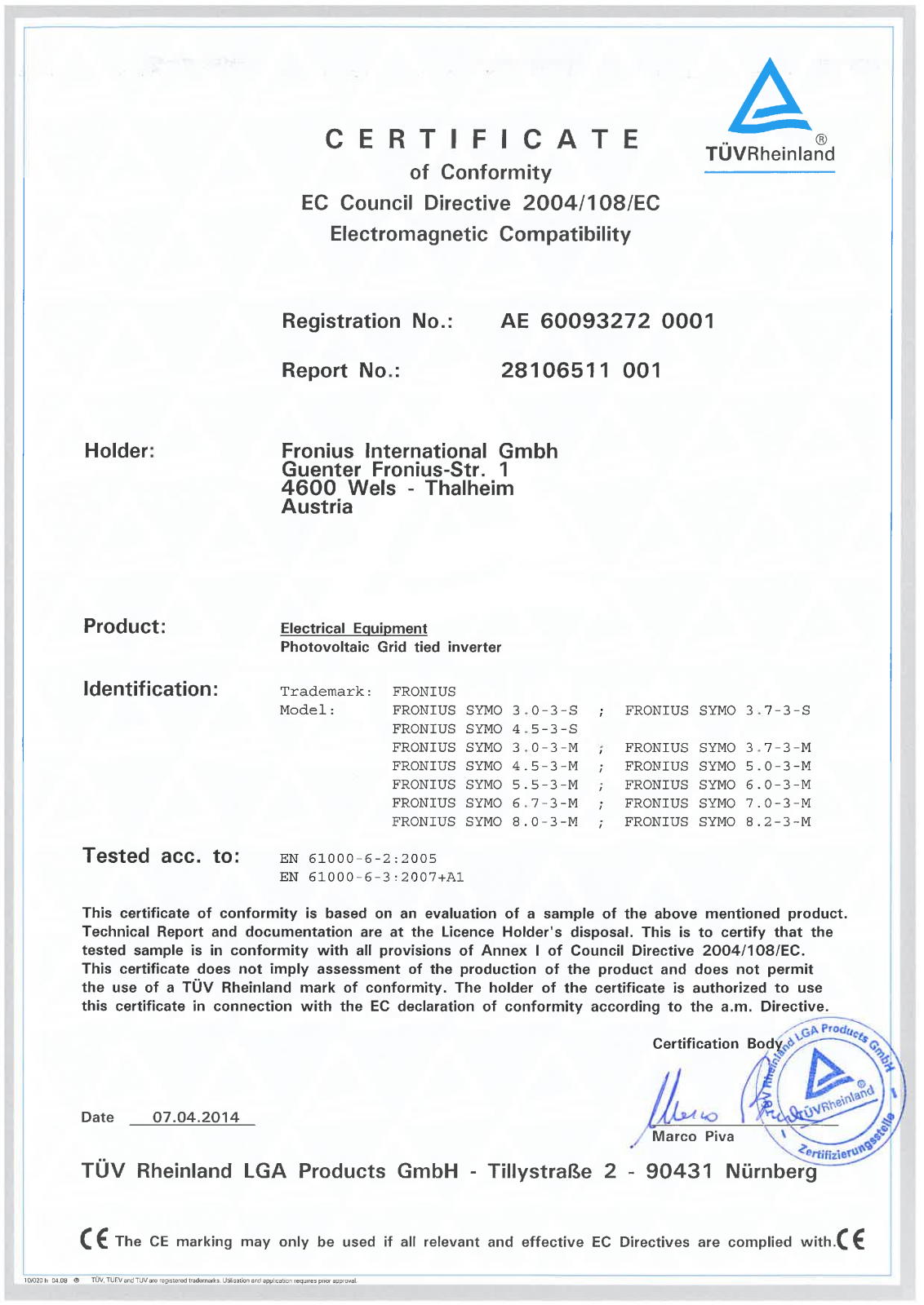 Fronius Conformity EN EMC Standards Fronius Symo 3.0-3-S - 8.2-3-M Certificate