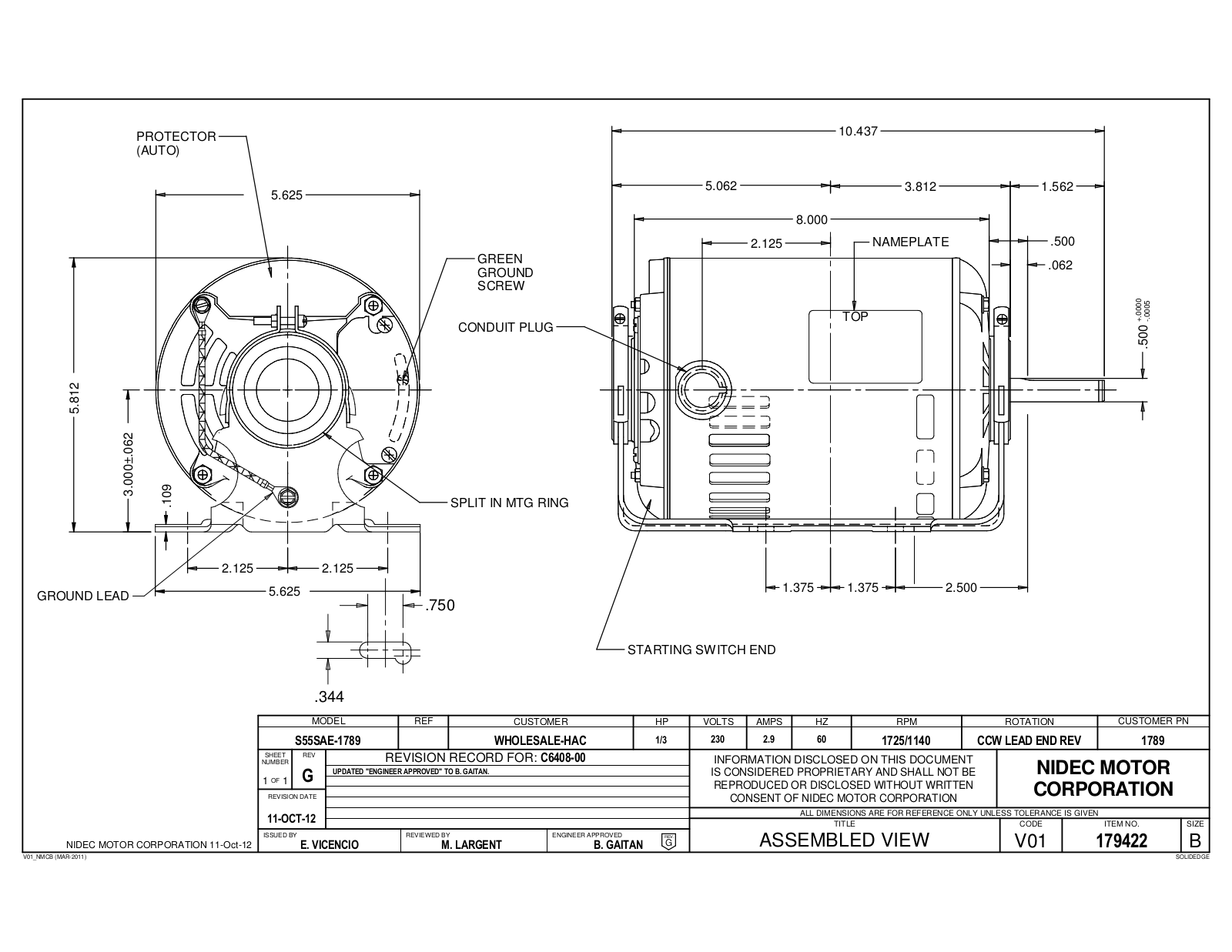 US Motors 1789 Dimensional Sheet - ManualMachine.com