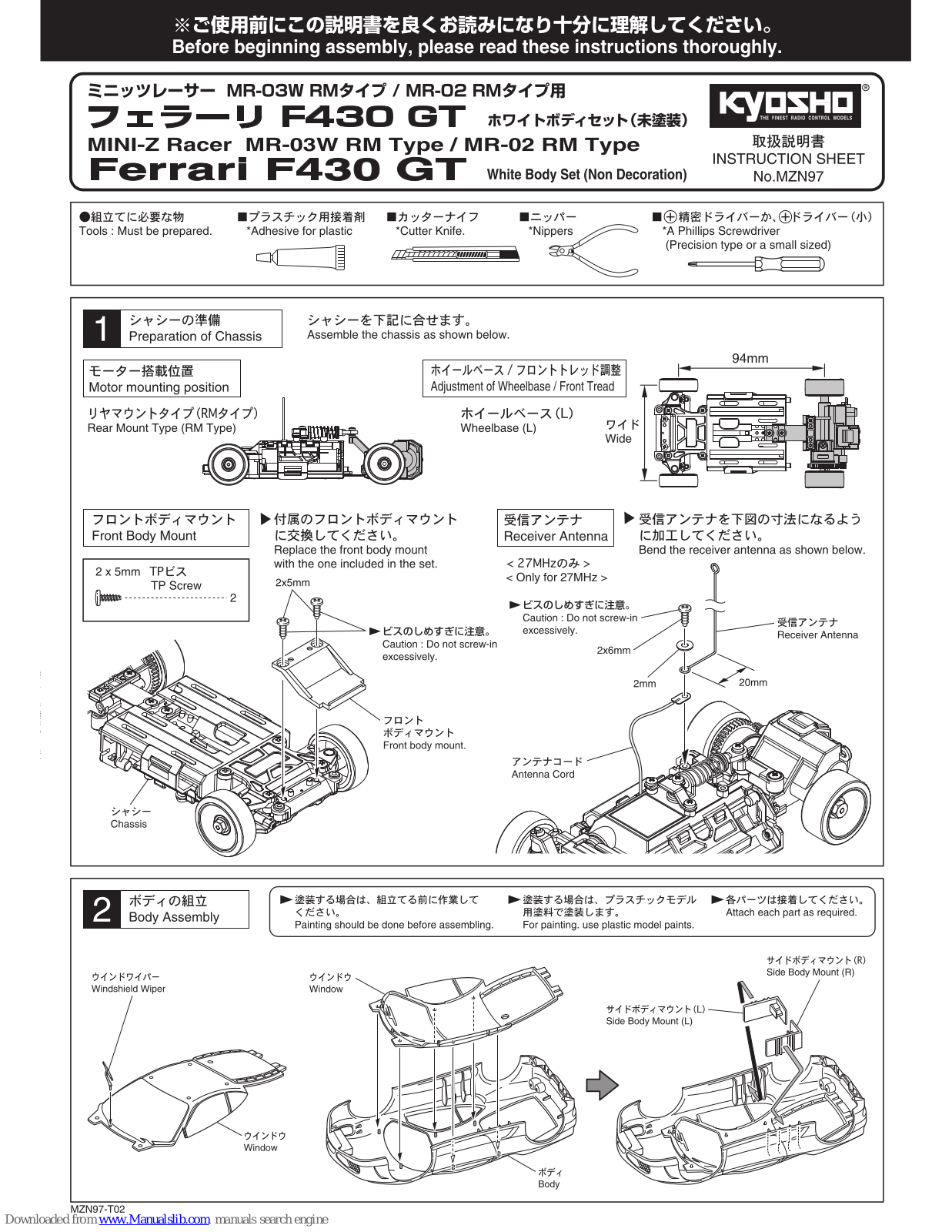 Kyosho MINI-Z Racer MR-03W RM Type, MINI-Z Racer MR-02 RM Type, Ferrari F430 GT Instruction Sheet