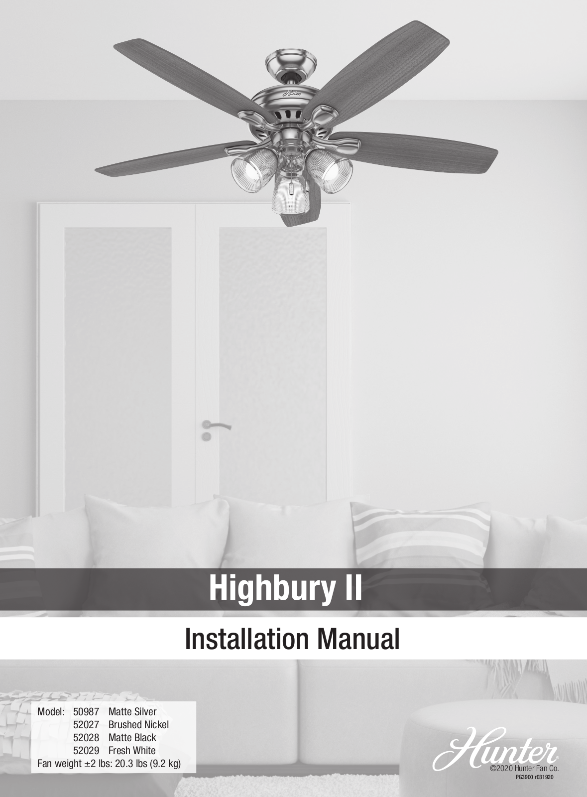 Hunter Fan 50987, 52027, 52028, 52029, Highbury II Installation Manual