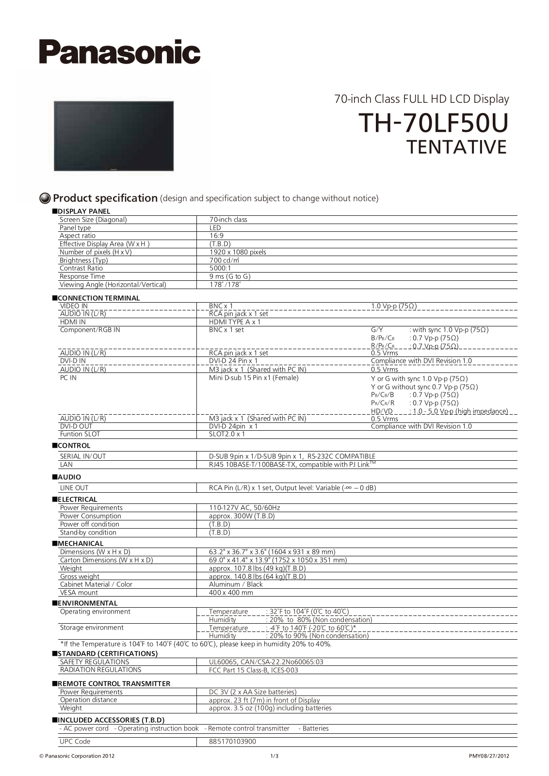 Panasonic TH-70LF50U Specification - ManualMachine.com