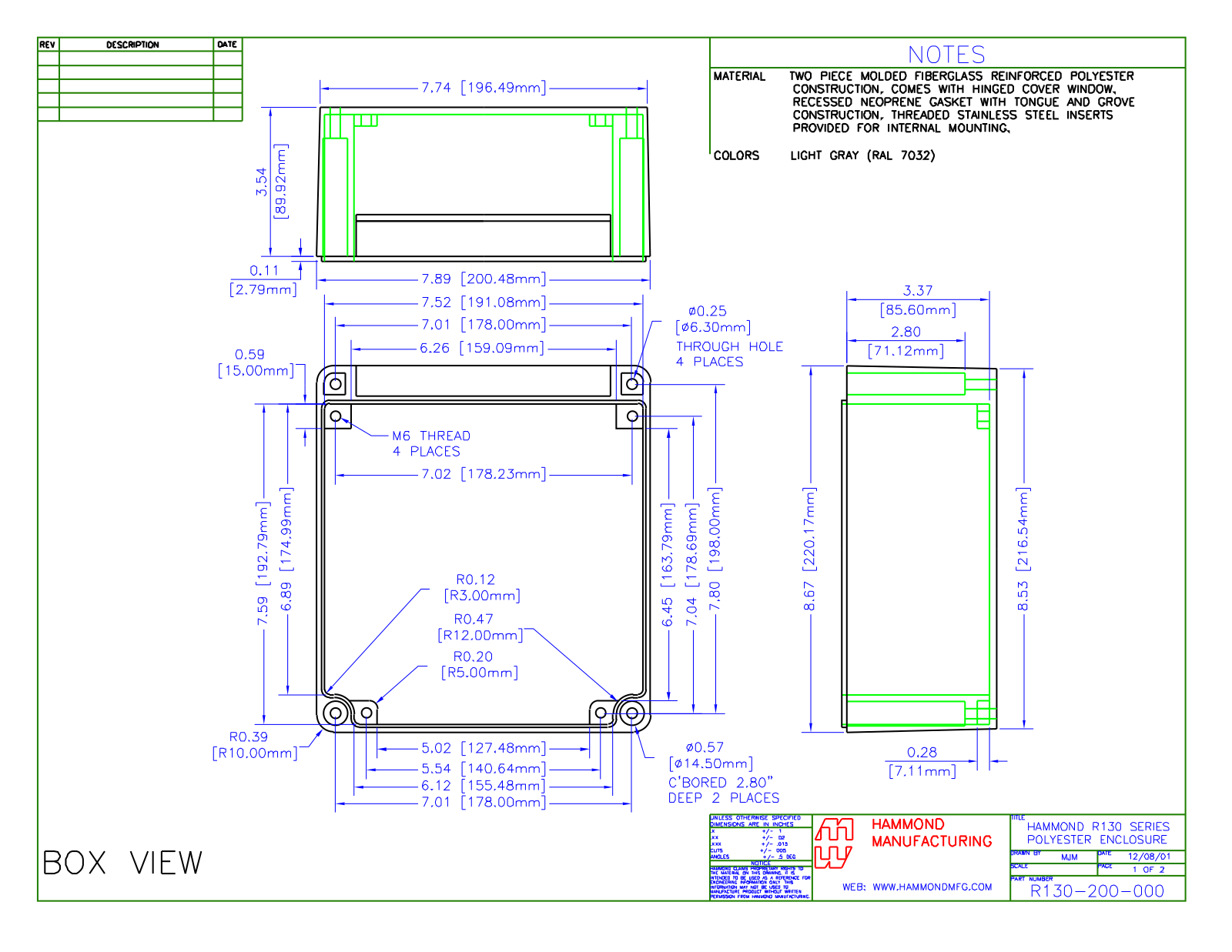 Hammond Manufacturing R130-200-000 technical drawings