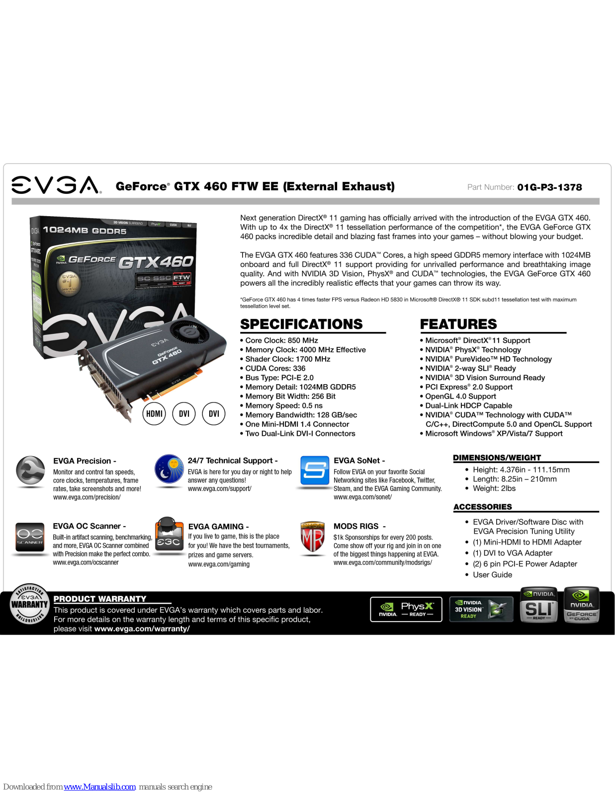 EVGA GeForce GTX 460 FTW 1024MB EE External Exhaust, GeForce GTX 460 FTW EE Specifications - ManualMachine.com