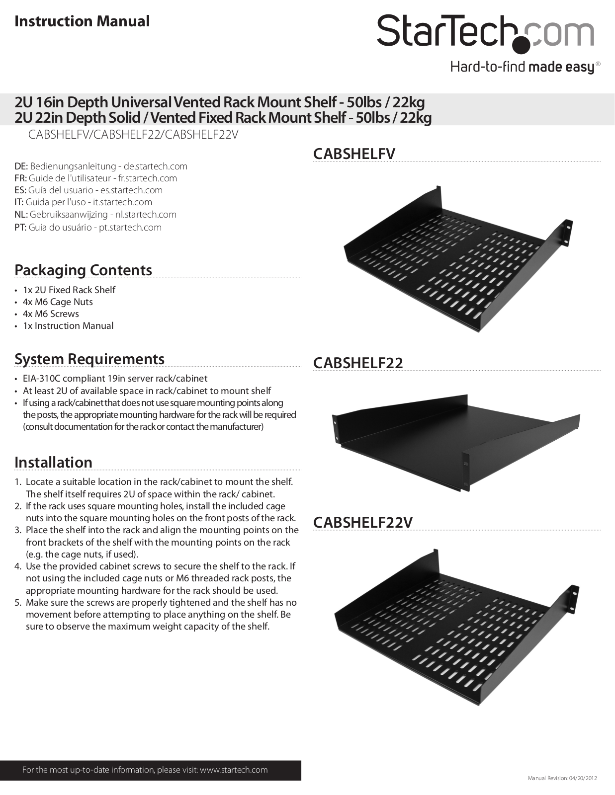 Startech CABSHELF22V User Manual