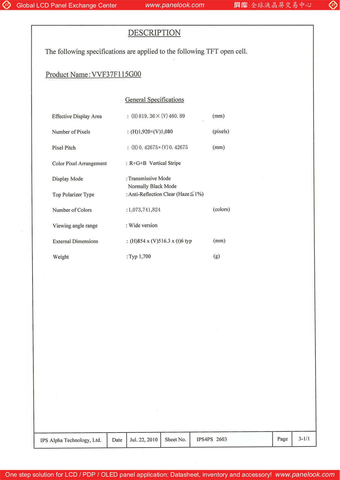 IPS Alpha VVF37F115G00 Specification - ManualMachine.com