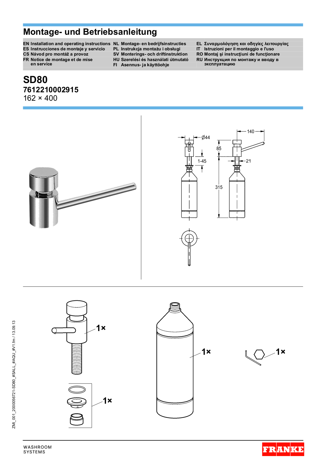 Franke SD80, SD110 Installation And Operating Instructions Manual