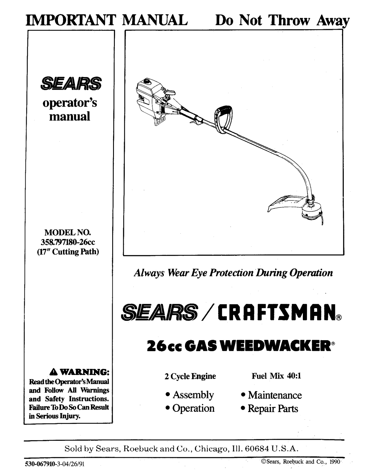 Craftsman 358797180-1990MDL Owner’s Manual