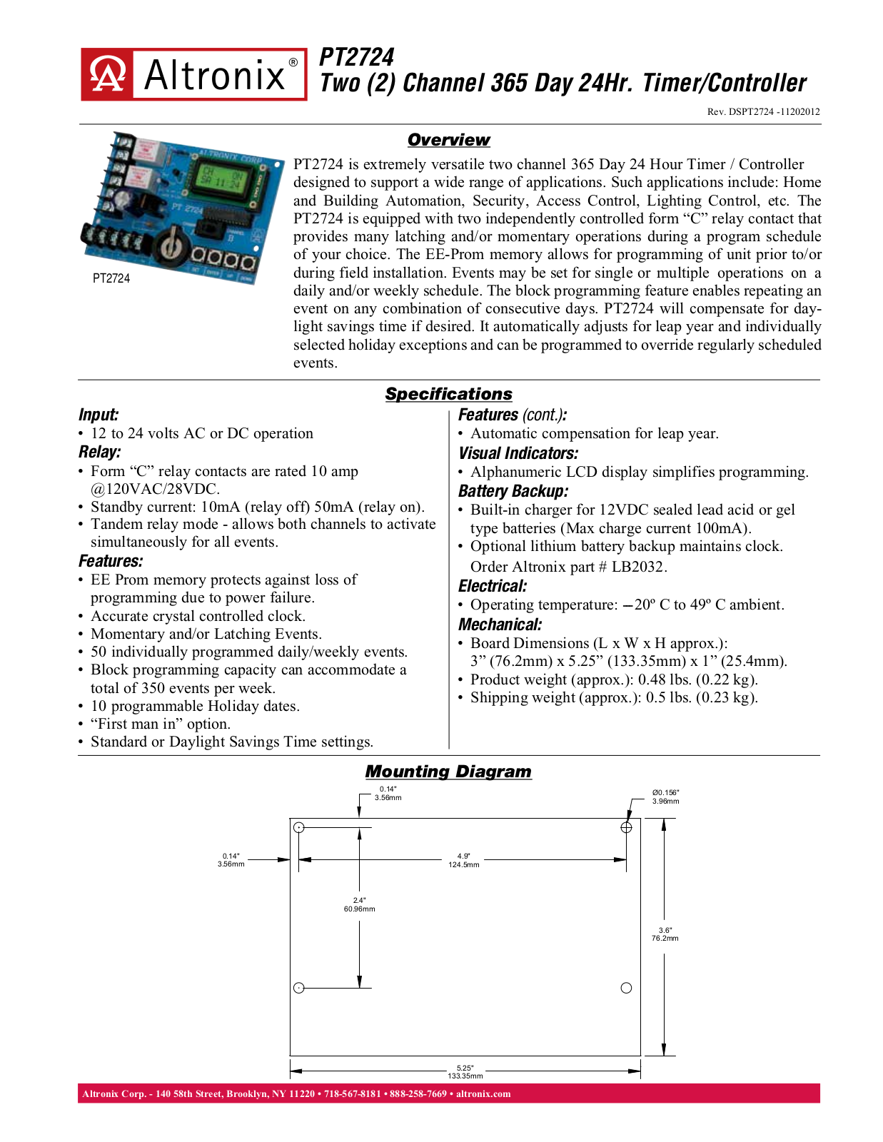 Altronix PT2724 Specsheet